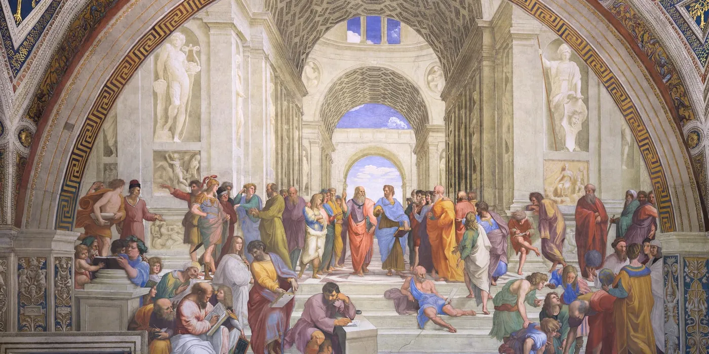 Bích hoạ Trường học Athens của Raphael, Plato chỉ tay lên trời và Aristotle đưa tay xuống đất ở chính giữa một sảnh vòm, quanh hai người là các nhà tư tưởng cổ đại đang tranh luận, đọc và viết